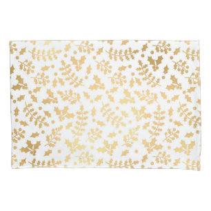 Gold Foil & White Holly Winter Christmas Pillow Case