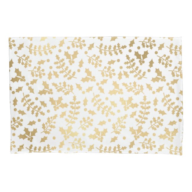 Gold Foil & White Holly Winter Christmas Pillow Case (Front)