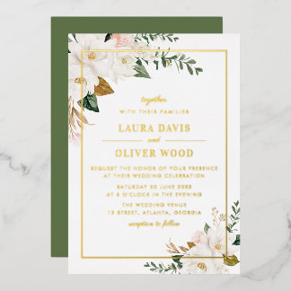 Gold Foil white magnolia floral wedding invitation Foil Invitation