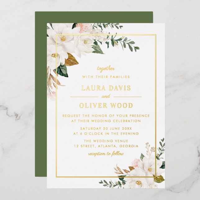 Gold Foil white magnolia floral wedding invitation Foil Invitation (Front/Back)