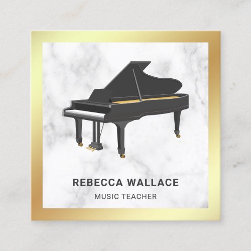 Gold Foil White Marble Grand Piano Teacher Pianist Square Business Card