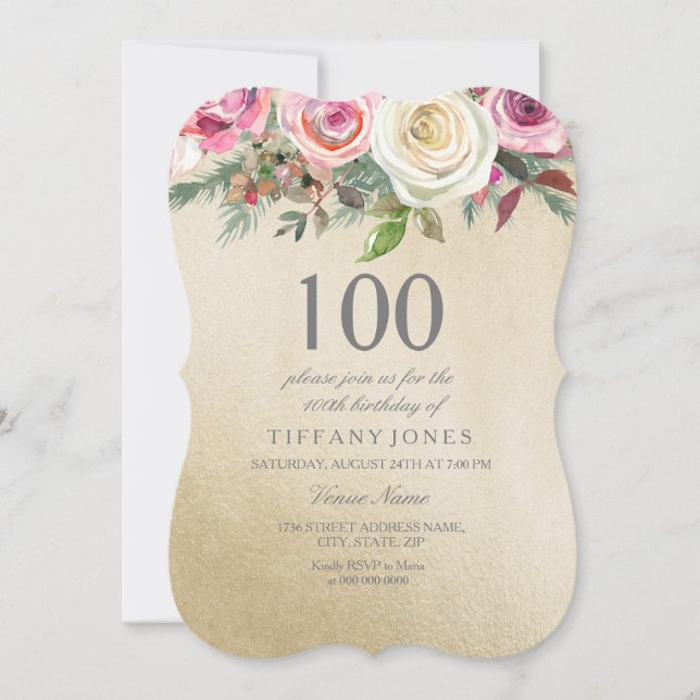 Gold Foil White Pink Rose 100th Birthday Invite (Front)