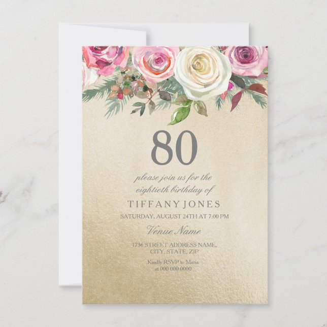 Gold Foil White Pink Rose 80th Birthday Invite (Front)