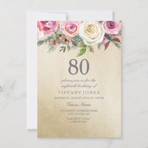 Gold Foil White Pink Rose 80th Birthday Invite