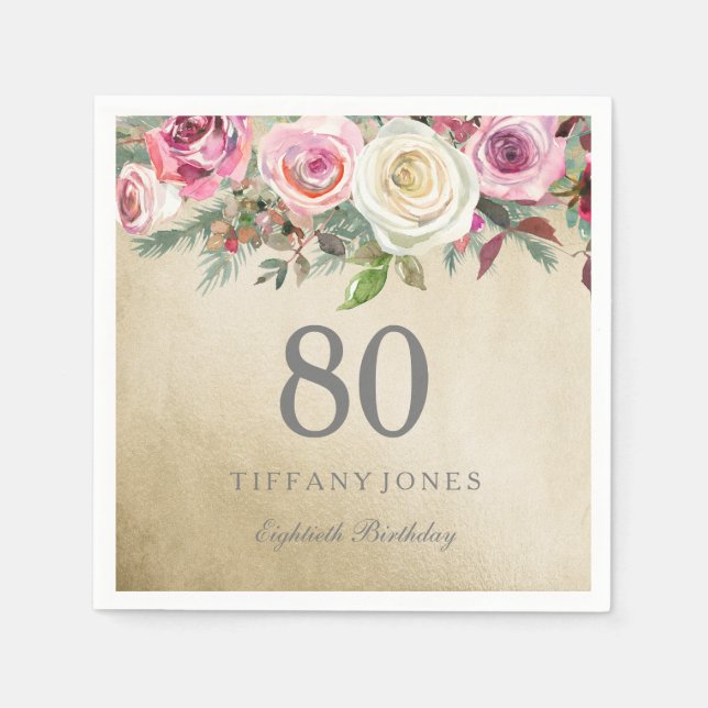 Gold Foil White Pink Rose 80th Birthday Paper Napkins (Front)