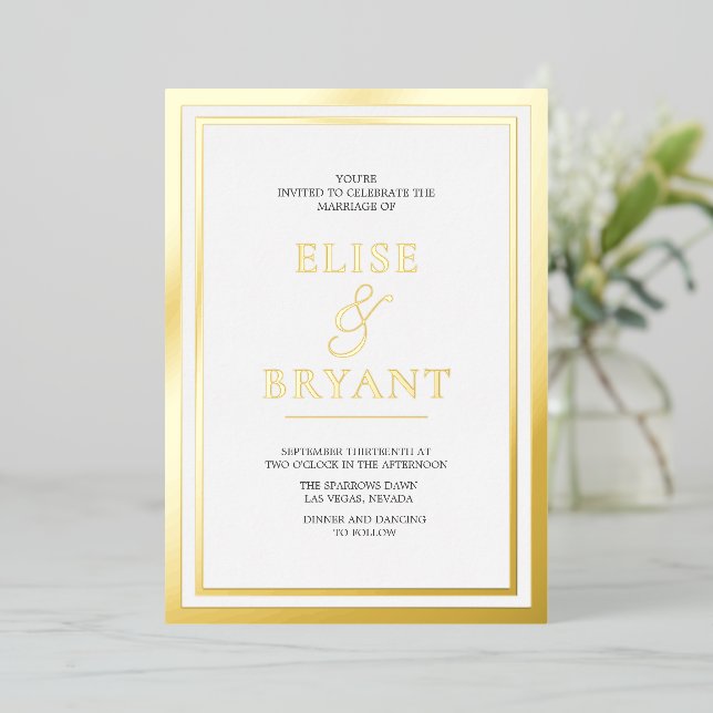 Gold Foil & White Simple Modern Wedding Foil Invitation (Standing Front)