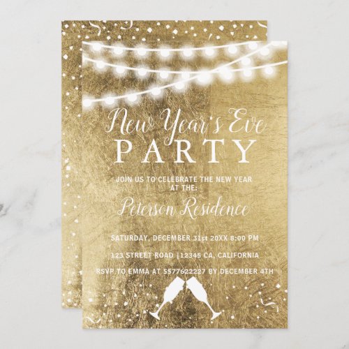 Gold foil white string lights New Years eve party Invitation