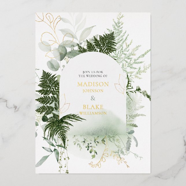 Gold Foil Wild Fern Greenery Watercolor Wedding Invitation (Front)