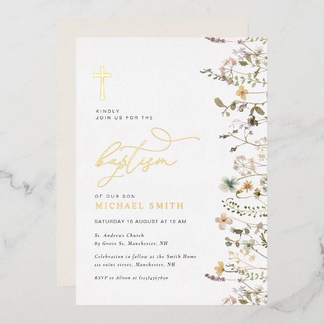 gold foil wildflower baptism invitation foil invitation (Front/Back)