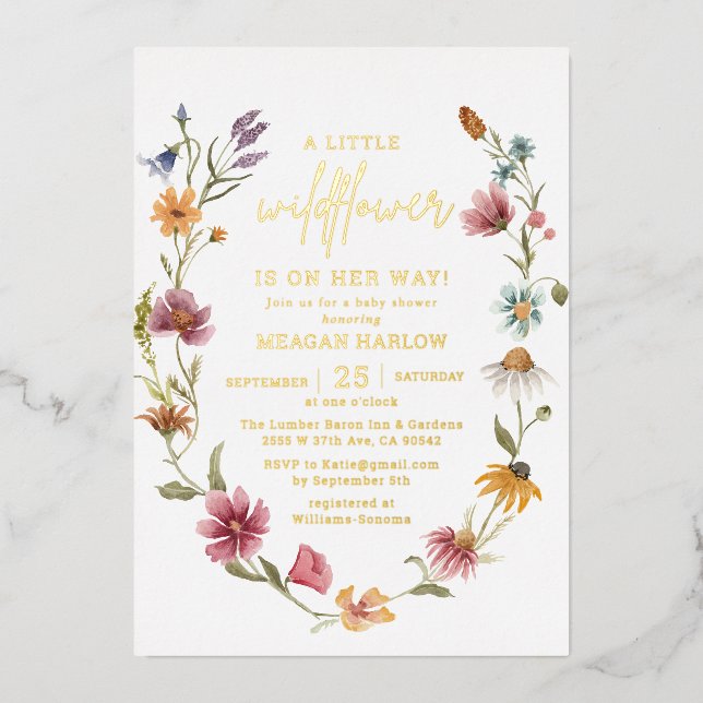 Gold Foil Wildflower Girl Baby Shower Foil Invitation (Front)