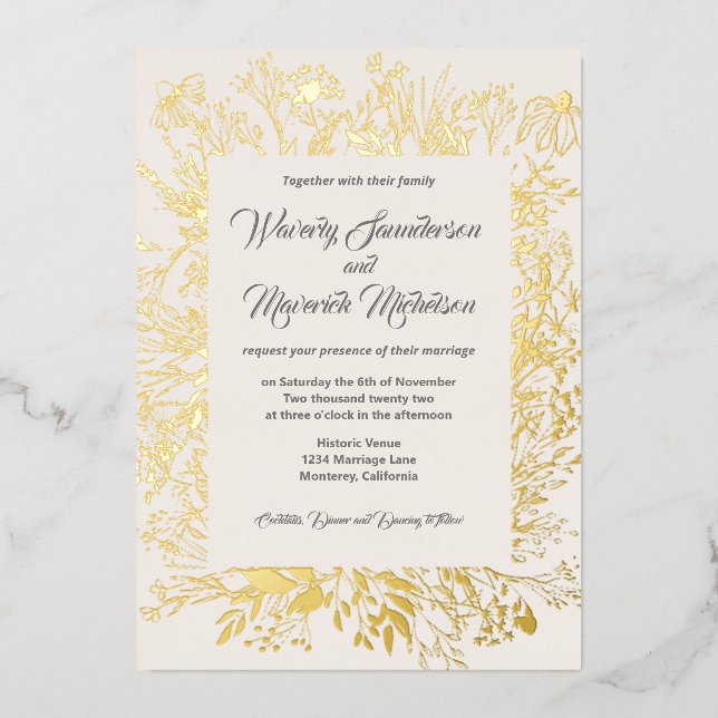 Gold Foil Wildflower Greenery Cream Wedding Foil Invitation (Front)