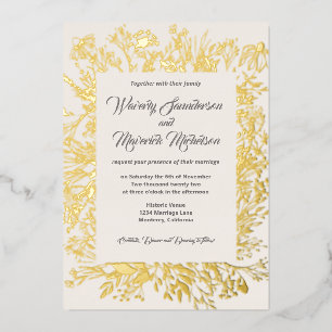 Gold Foil Wildflower Greenery Cream Wedding Invitation