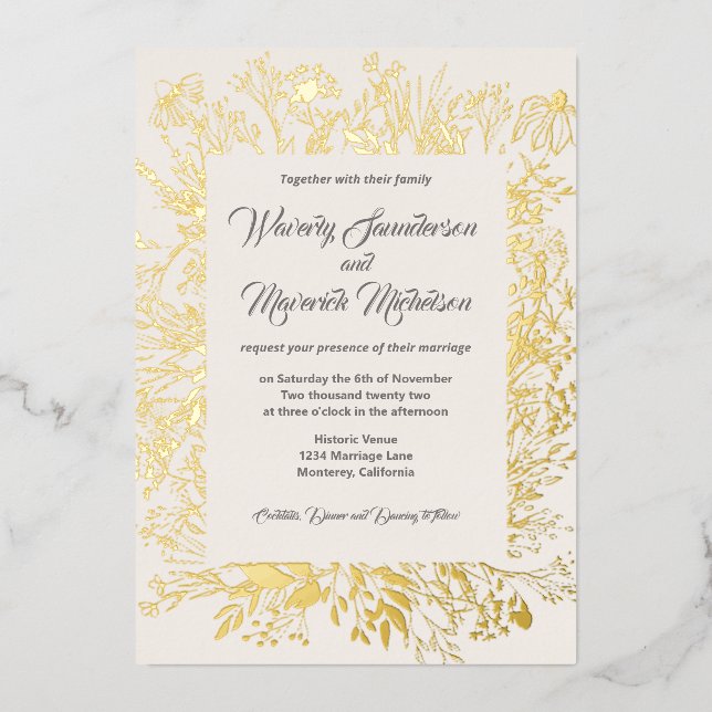 Gold Foil Wildflower Greenery Cream Wedding Invitation (Front)