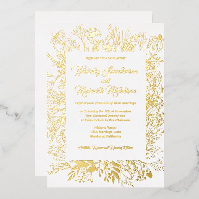 Gold Foil Wildflower Greenery Wedding Foil Invitation (Front/Back)