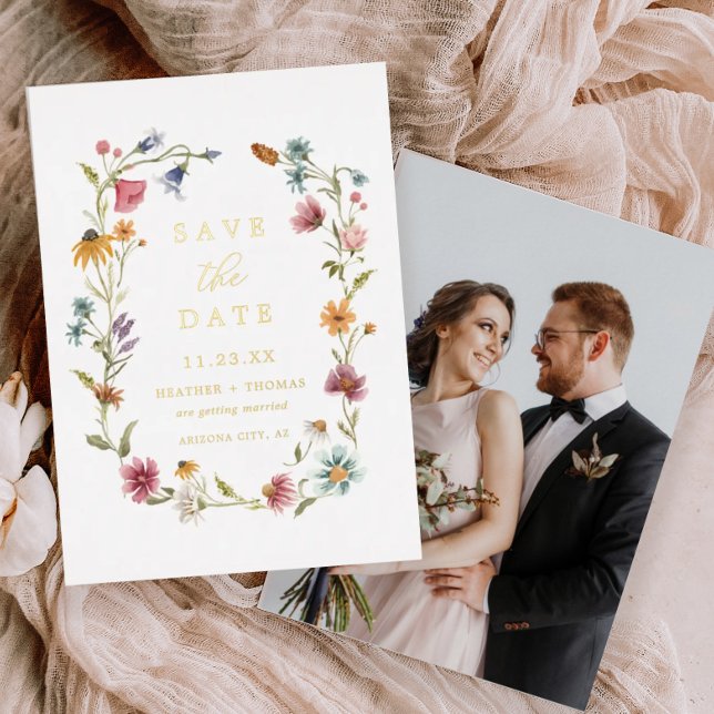Gold Foil Wildflower Photo Save The Date Foil Invitation