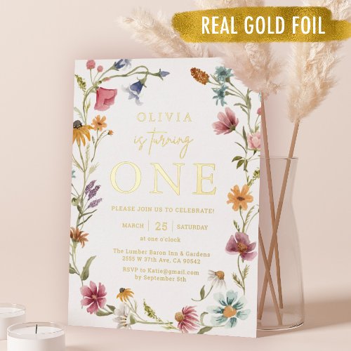 Gold Foil Wildflower Theme Girl 1st Birthday  Foil Invitation