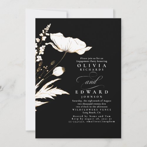 Gold Foil Wildflowers Black Engagement Party Invitation