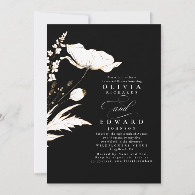 Gold Foil Wildflowers Black Rehearsal Dinner Invitation (Front)