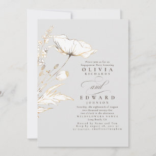 Gold Foil Wildflowers Light Grey Engagement Party Invitation