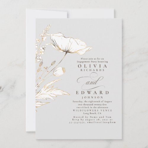 Gold Foil Wildflowers Light Grey Engagement Party Invitation