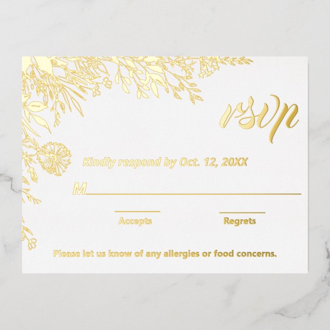 Gold Foil Wildflowers Wedding RSVP  Foil Holiday Postcard (Front)