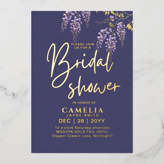 Gold Foil Wisteria Purple BRIDAL SHOWER QR Code Foil Invitation (Front)