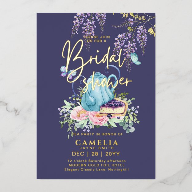 Gold Foil Wisteria TEA PARTY BRIDAL SHOWER QR Code Foil Invitation