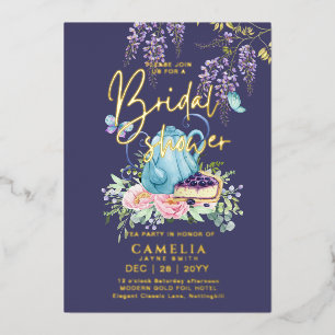 Gold Foil Wisteria TEA PARTY BRIDAL SHOWER QR Code Invitation