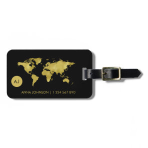 Gold Foil World Earth Map Travel Monogram Name     Luggage Tag