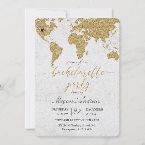 Gold Foil World Map Bachelorette Party Invitation