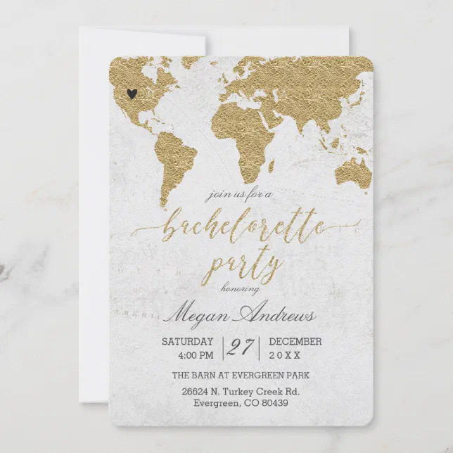 Gold Foil World Map Bachelorette Party Invitation 