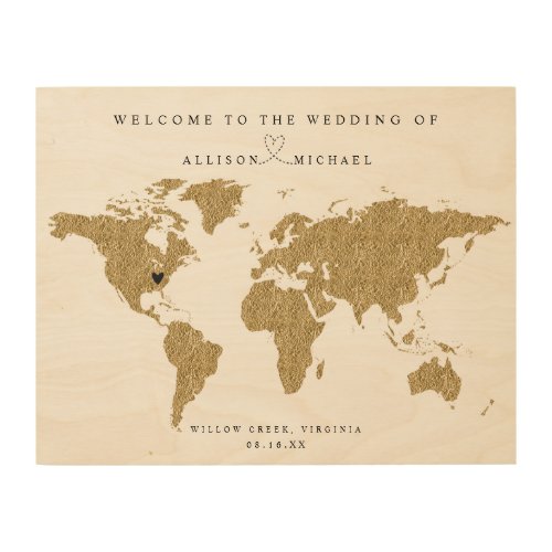 Gold Foil World Map Board Alternative Guest Book Wood Wall Art