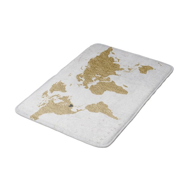 Gold Foil World Map Custom Moveable Heart Location Bathroom Mat (Angled)