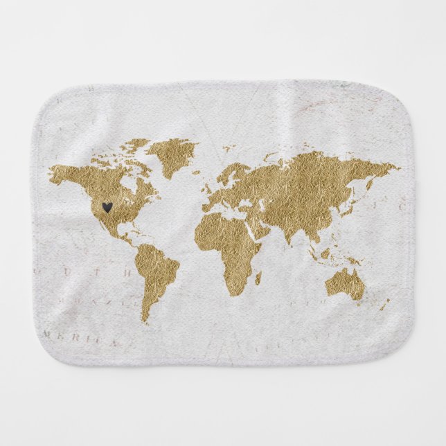 Gold Foil World Map Custom Moveable Heart Location Burp Cloth (Front Horizontal)