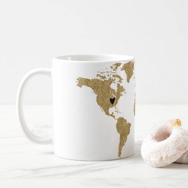 Gold Foil World Map Custom Moveable Heart Location Coffee Mug (With Donut)