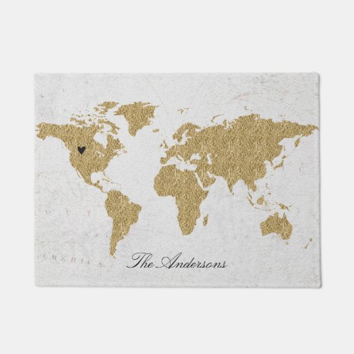 Gold Foil World Map Custom Moveable Heart Location Doormat