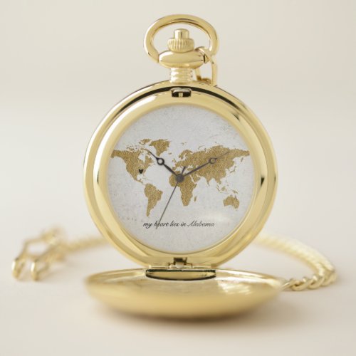 Gold Foil World Map Custom Moveable Heart Location Pocket Watch