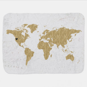 Gold Foil World Map Custom Moveable Heart Location Receiving Blanket