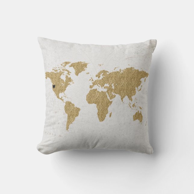 Gold Foil World Map Custom Moveable Heart Location Throw Pillow (Front)