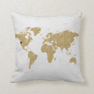 Gold Foil World Map Custom Moveable Heart Location Throw Pillow