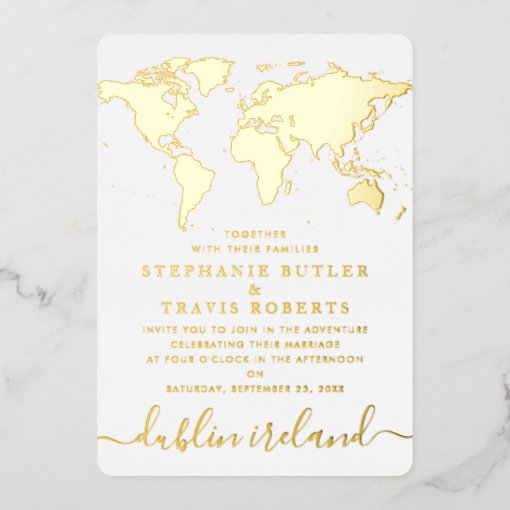 Gold Foil World Map Destination Wedding Foil Invitation | Zazzle