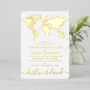 Gold Foil World Map Destination Wedding Foil Invitation