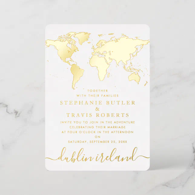 Gold Foil World Map Destination Wedding Foil Invitation | Zazzle