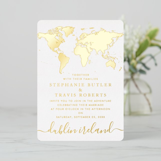 Gold Foil World Map Destination Wedding Foil Invitation (Standing Front)