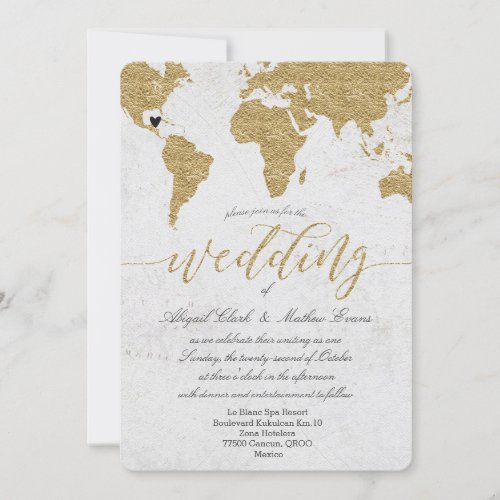 Gold Foil World Map Destination Wedding Invitation