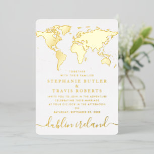 Gold Foil World Map Destination Wedding Invitation