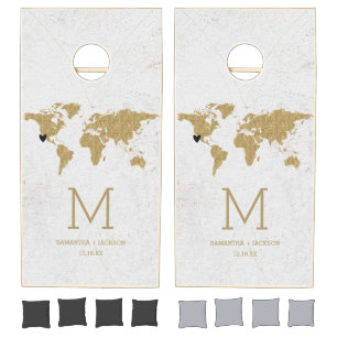 Gold Foil World Map Destination Wedding Monogram Cornhole Set
