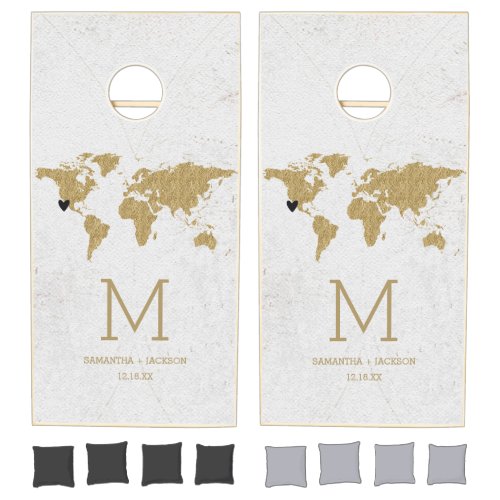 Gold Foil World Map Destination Wedding Monogram Cornhole Set
