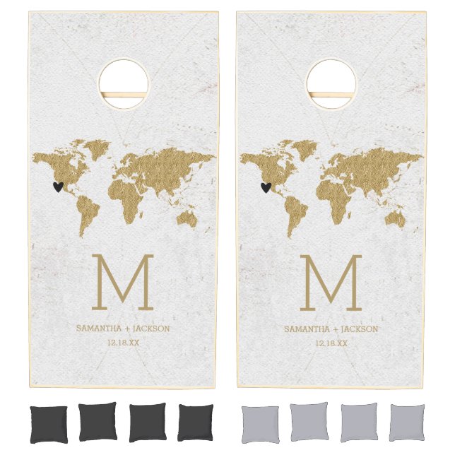 Gold Foil World Map Destination Wedding Monogram Cornhole Set (Set)