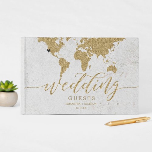 Gold Foil World Map Destination Wedding Monogram Guest Book